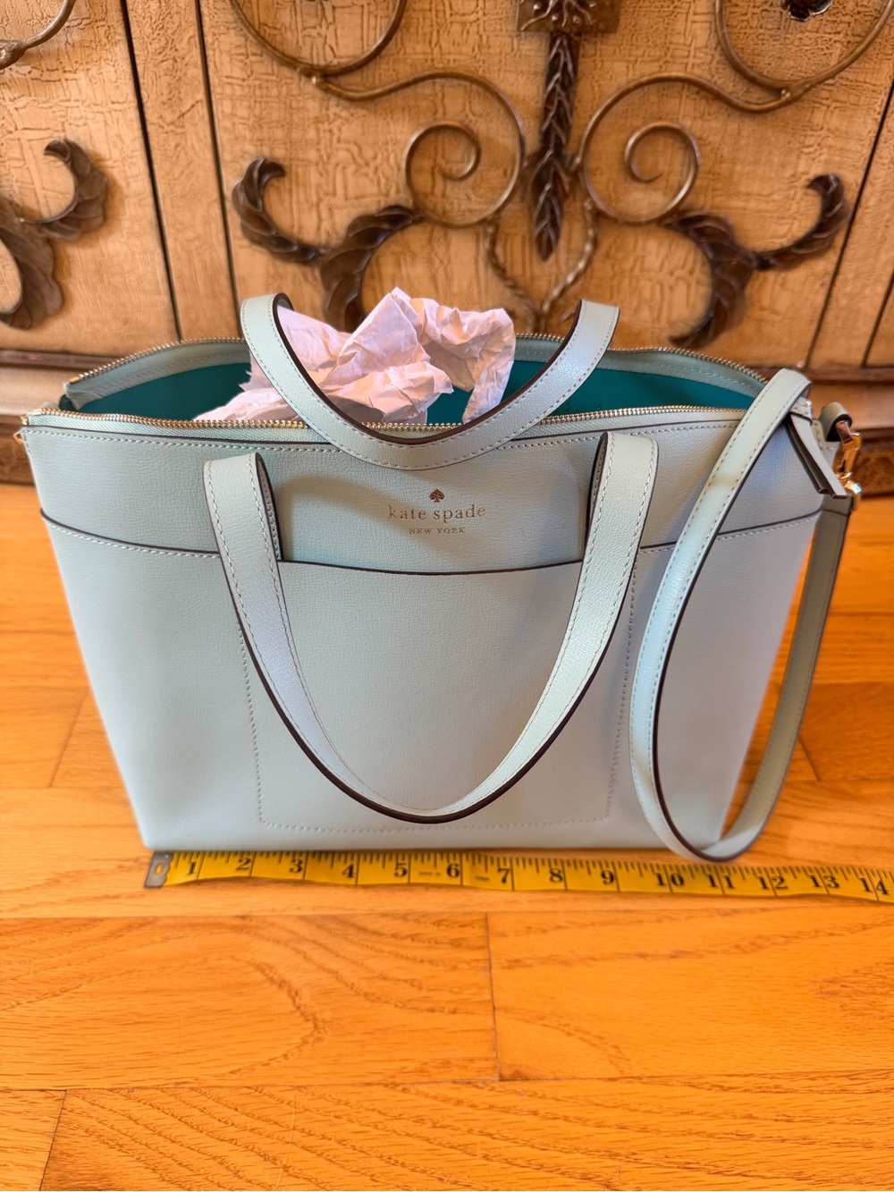 kate spade light blue leather tote with removable strap